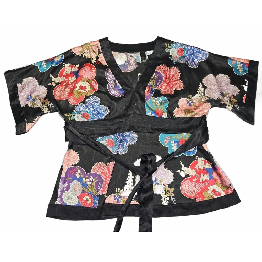 Bisou Bisou Michele Bohbot Women's Medium Kimono Style Floral Satin Blouse Black